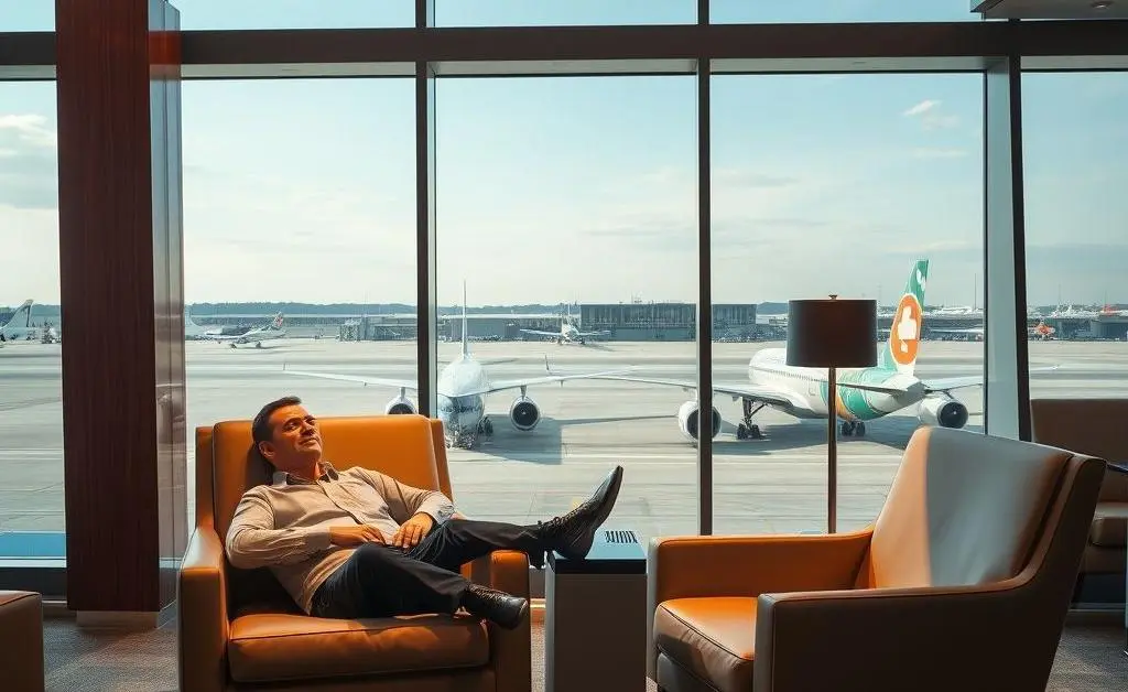 Traveler relaxing in an airport lounge with a credit card visible