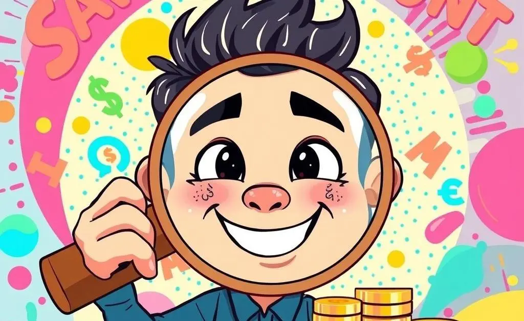 A cartoon showing a person looking at their 'Savings Account' balance with a magnifying glass, motif of small numbers.