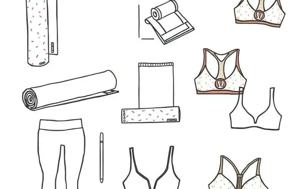 Illustration showing a variety of Lululemon products like yoga mats, leggings, and sports bras