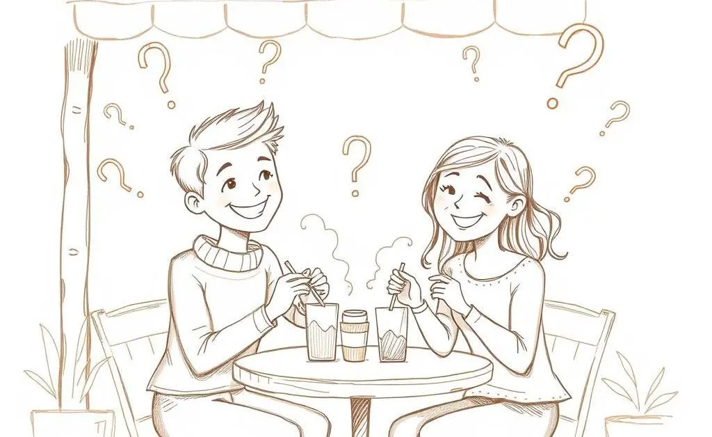 Two people having a friendly lunch, surrounded by question marks