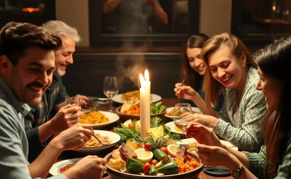 Friends enjoying a sumptuous, indulgent meal together