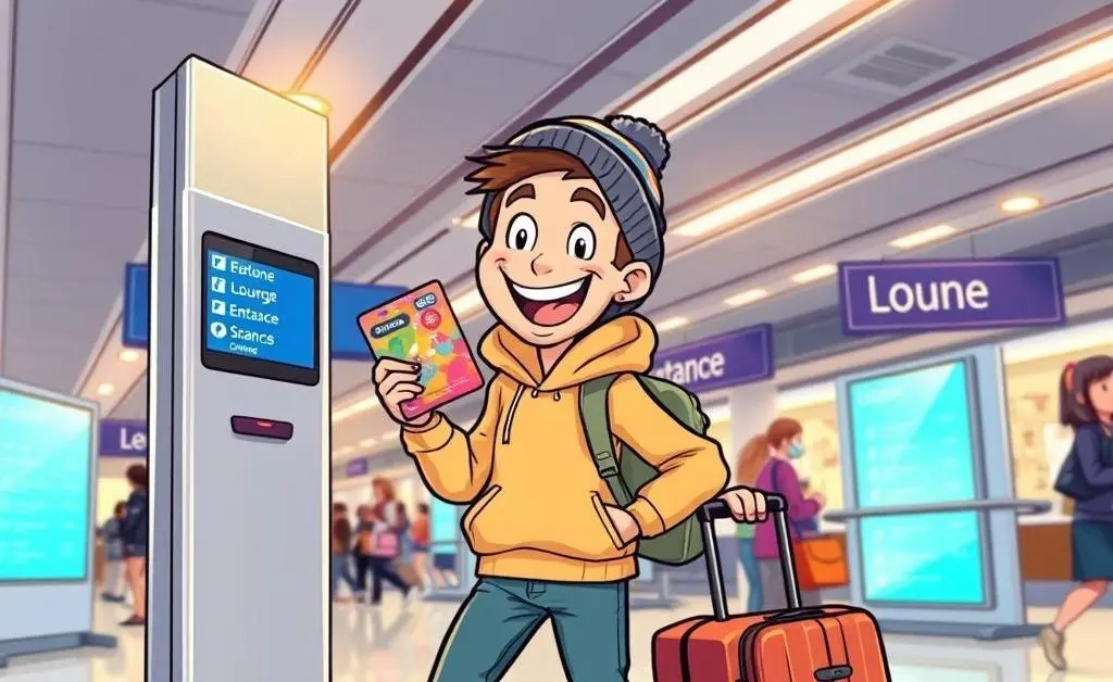 Depiction of a traveler using a lounge access card at an airport entrance