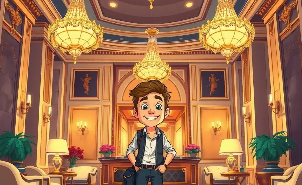 A traveler checking into a luxury hotel lobby
