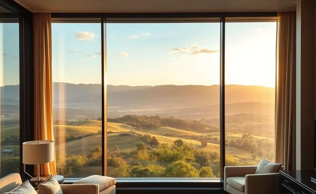 An elegant hotel room with a large window overlooking a scenic view.