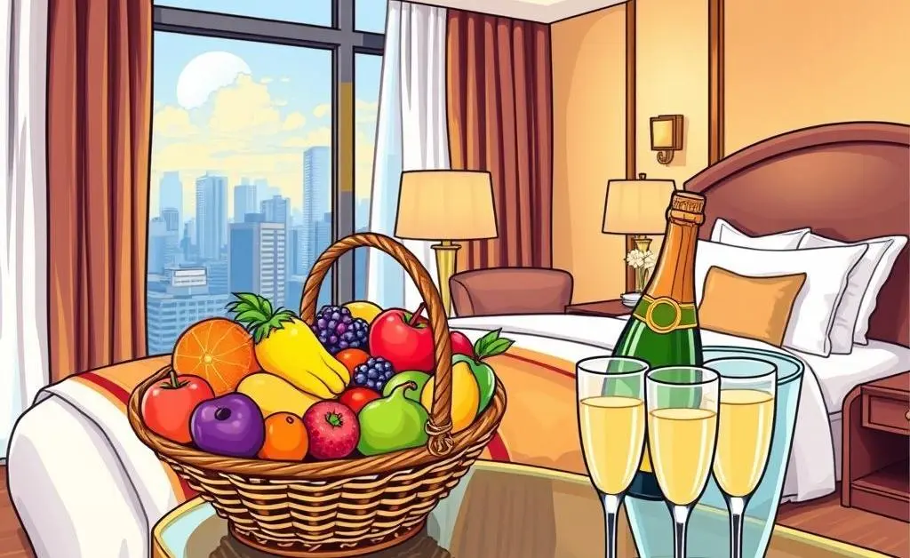 Luxury hotel room with complimentary perks
