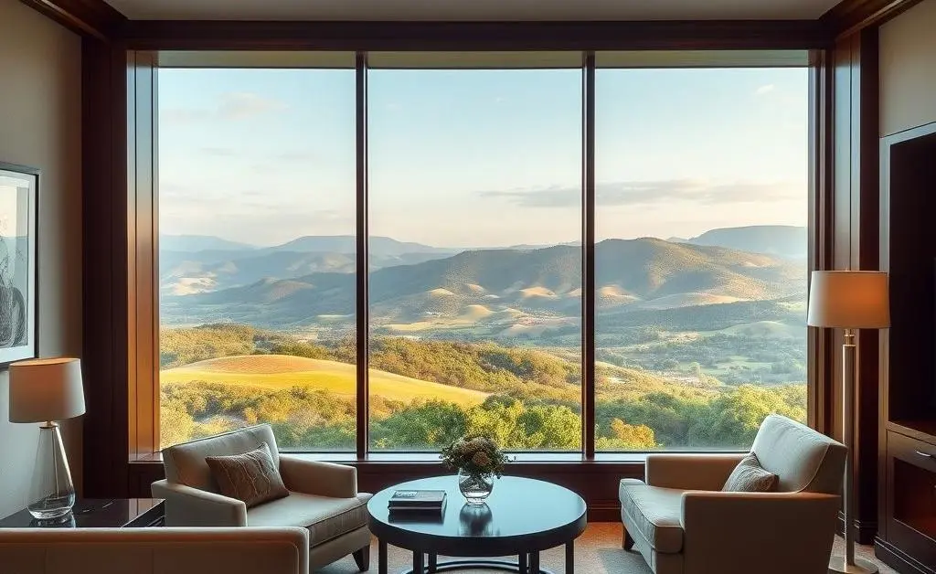 An elegant hotel room with a view of a scenic landscape