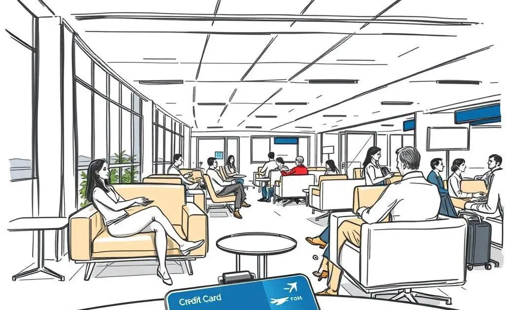 Modern sketch of an airport lounge with people relaxing, a credit card on a table.