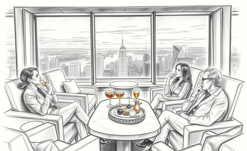 Illustration of travelers enjoying lounge benefits