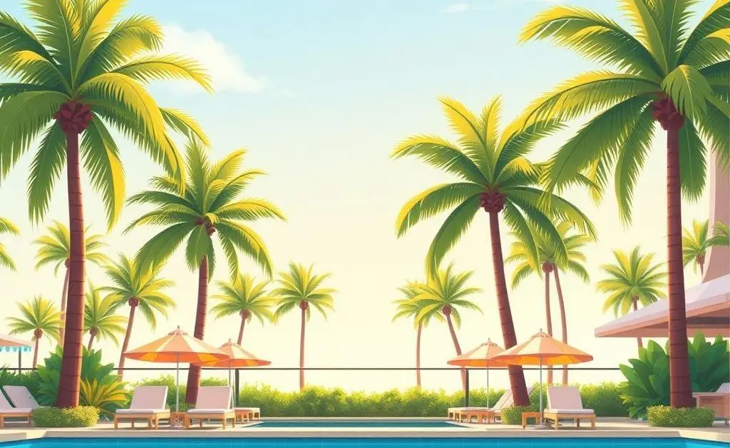 Cartoon-style image of a serene luxury resort poolside with palm trees.