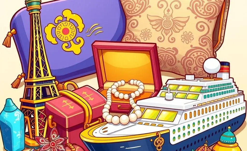 Cartoon-style illustration of assorted travel souvenirs symbolizing luxury experiences.