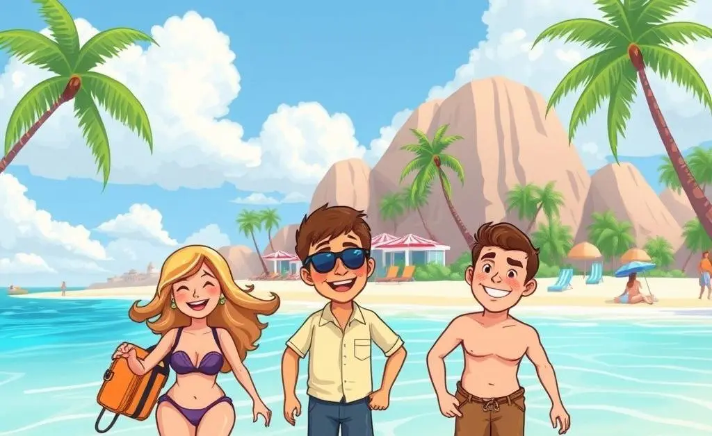 Cartoon-style depiction of a luxurious beach or travel destination with happy travelers.