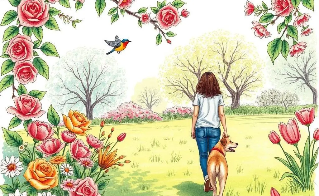 A person walking a dog in a park, surrounded by blooming flowers.