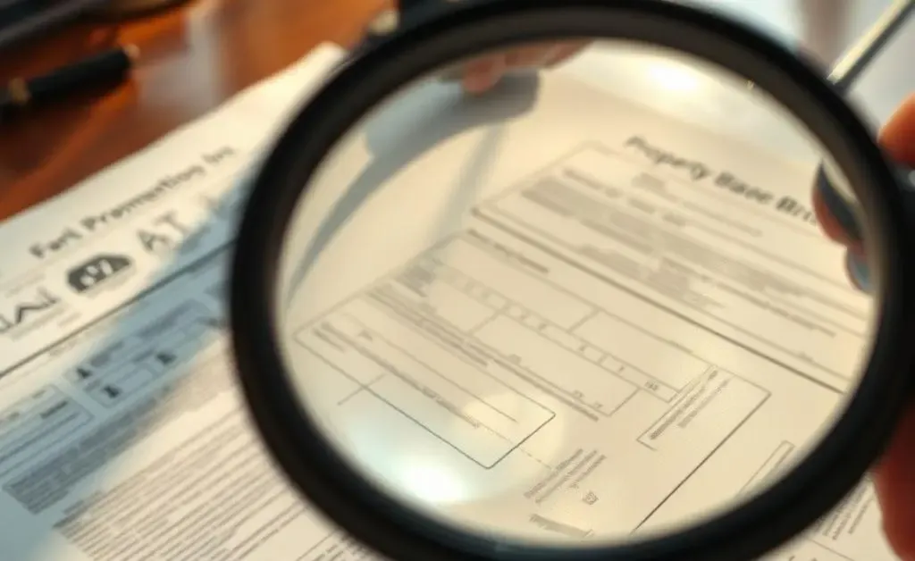 A magnifying glass over property paperwork on a desk