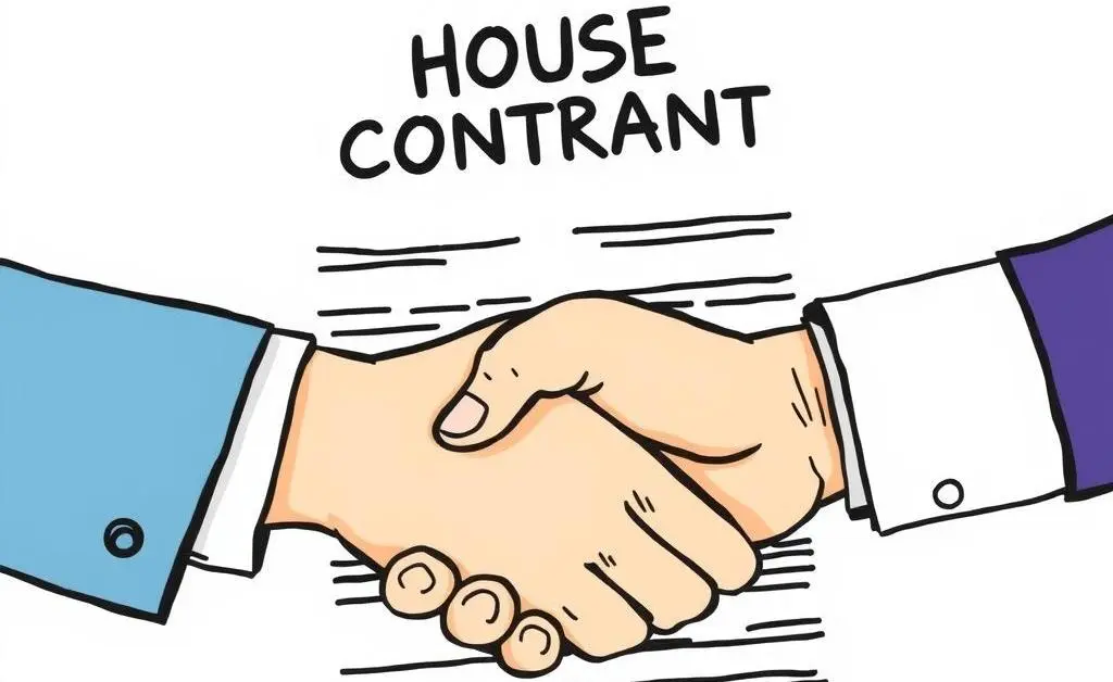 Two people shaking hands with a house contract