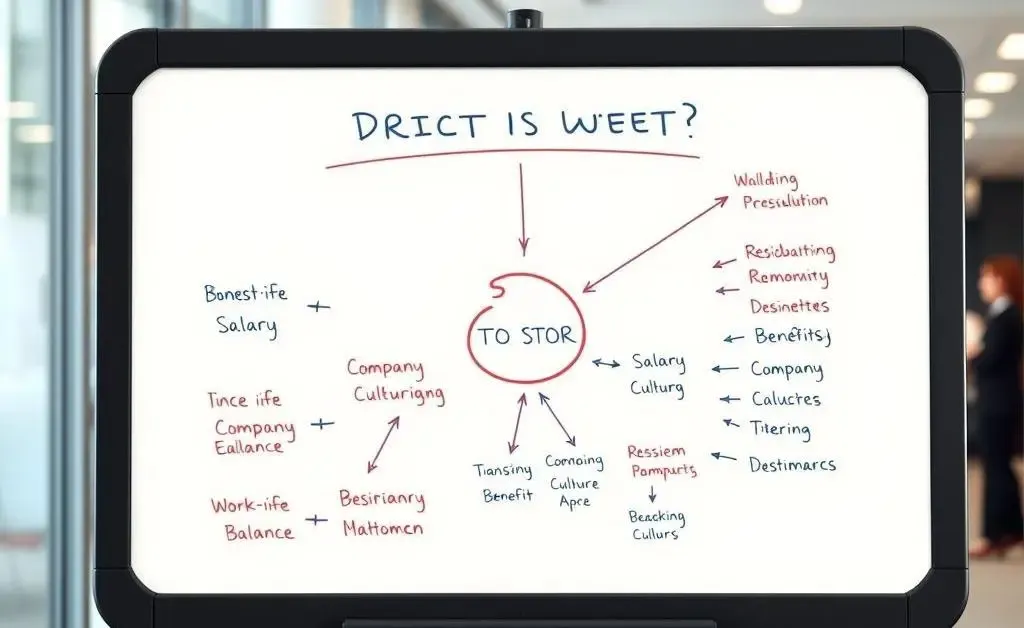 A flowchart on a whiteboard with steps for deciding whether to accept a job offer.