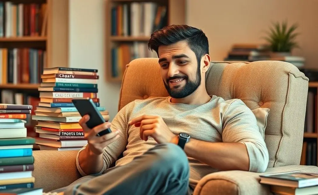 A man sitting on a couch holding a phone, looking both curious and slightly amused, surrounded by books and a coffee cup.