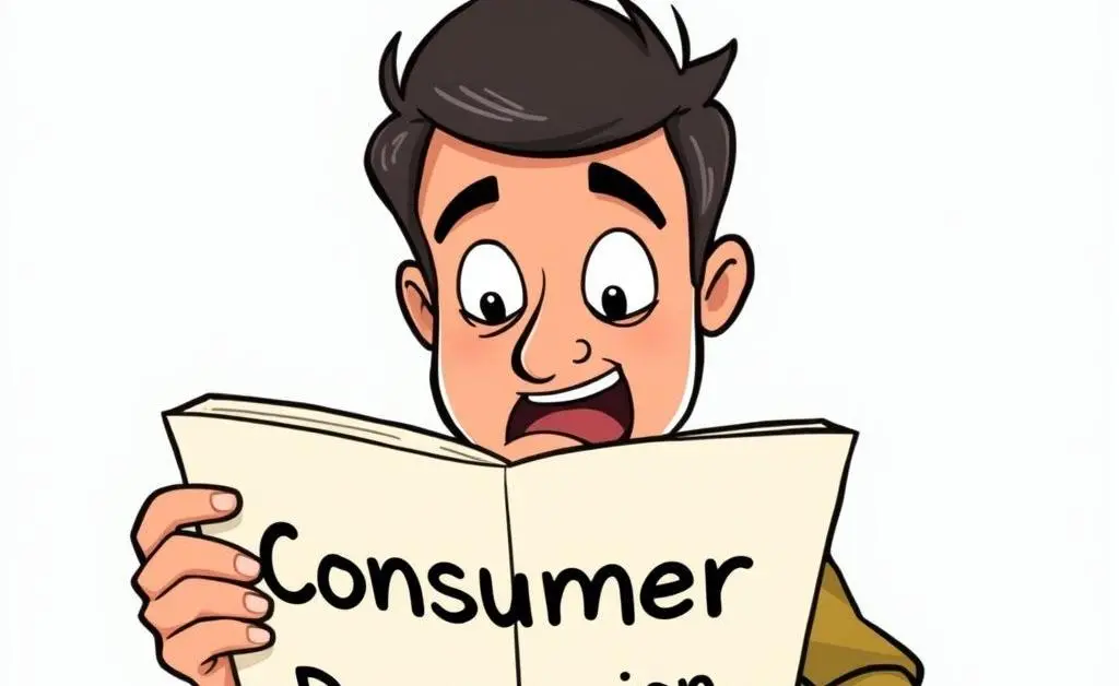 Man eagerly reading a document titled 'Consumer Protections'.