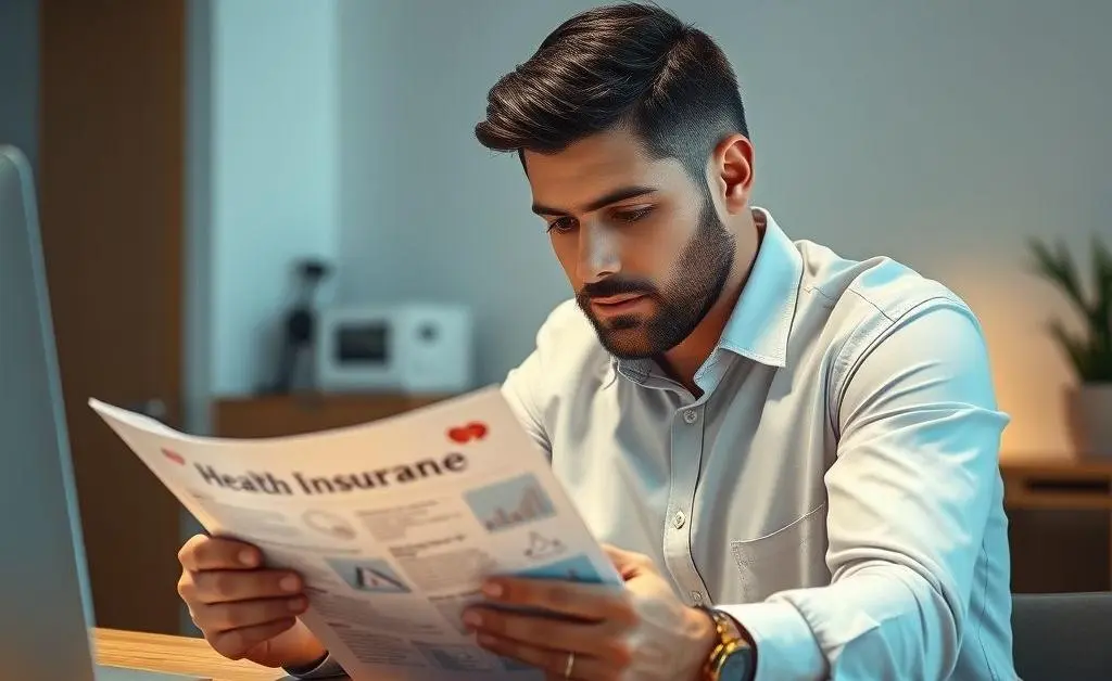 A man at a desk reading a health insurance document with a thoughtful expression.