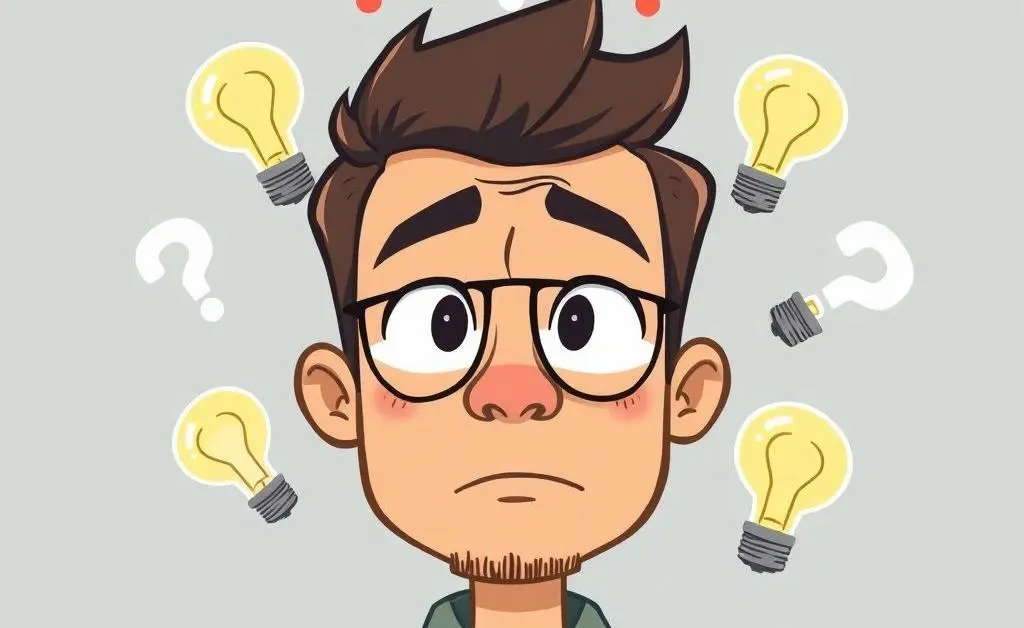 A cartoon style image of a man with question marks and lightbulbs around his head indicating confusion and ideas