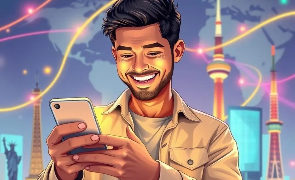 Man happily using phone to send money across borders