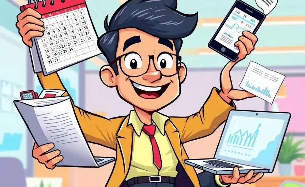 Cartoon of a manager juggling multiple tasks like a calendar, laptop, and phone