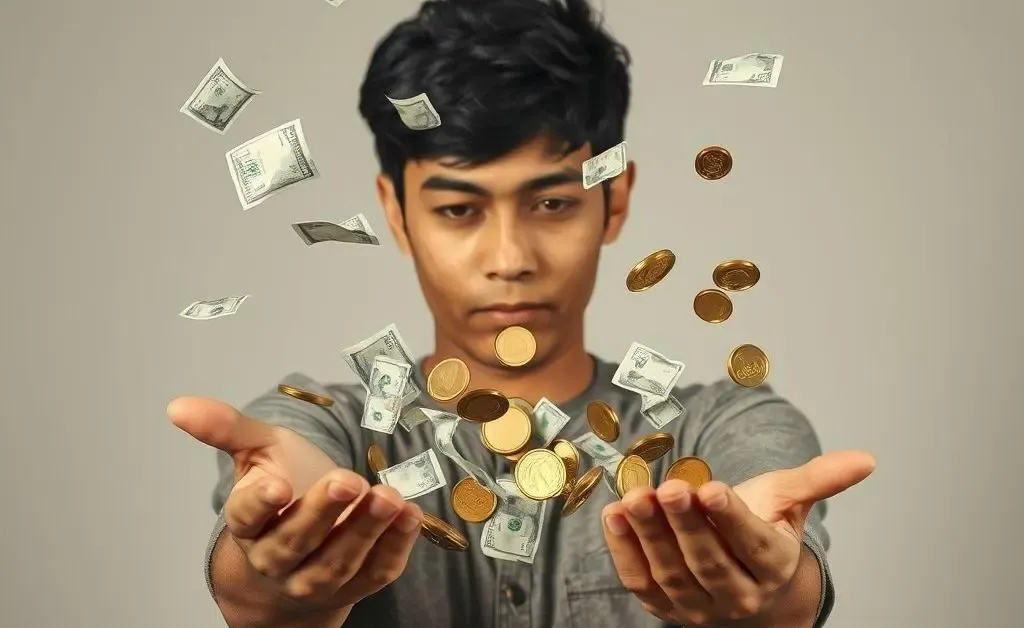 Person juggling bills and coins.