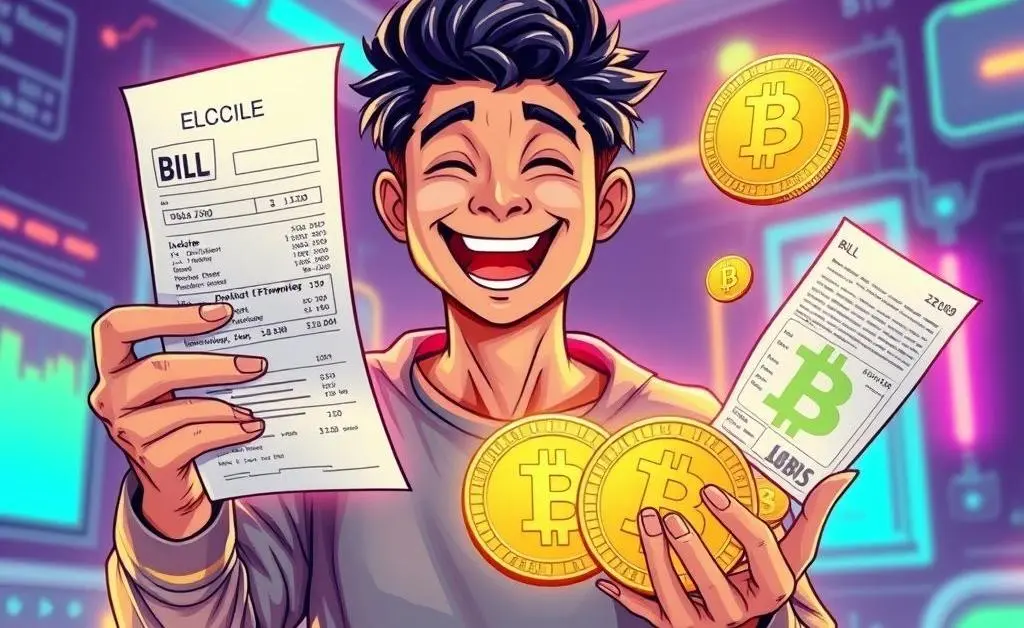 Illustration of a cheerful person balancing an electricity bill and bitcoins