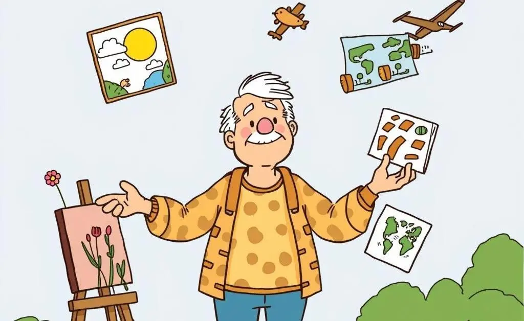 A cartoon showing a person juggling new hobbies in retirement like gardening, painting, and traveling.