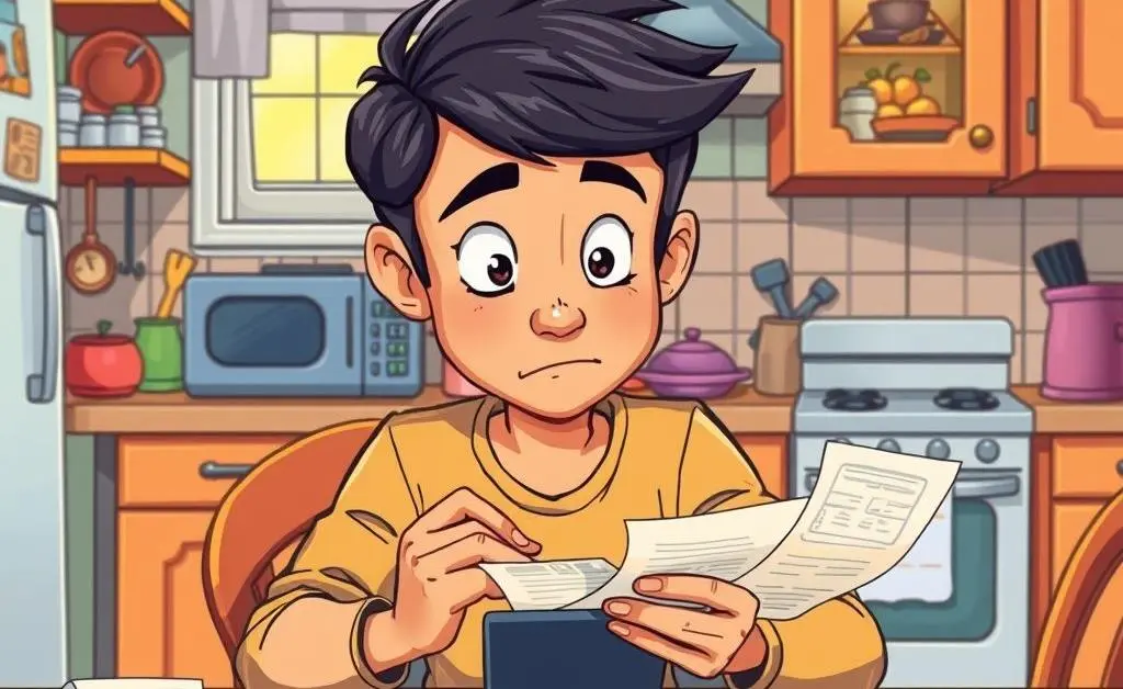 A cartoon-style image of a person reviewing home expenses with a calculator at a kitchen table.
