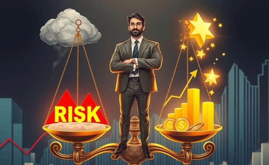 Investor balancing risk and reward symbols