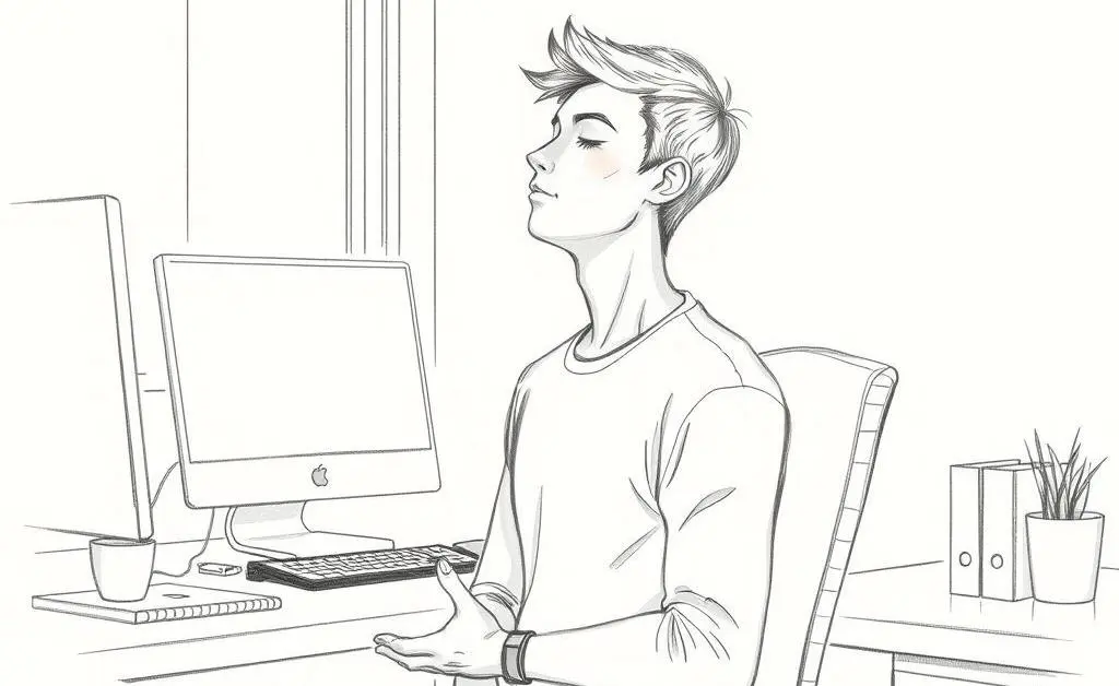 A person practicing deep breathing at their desk