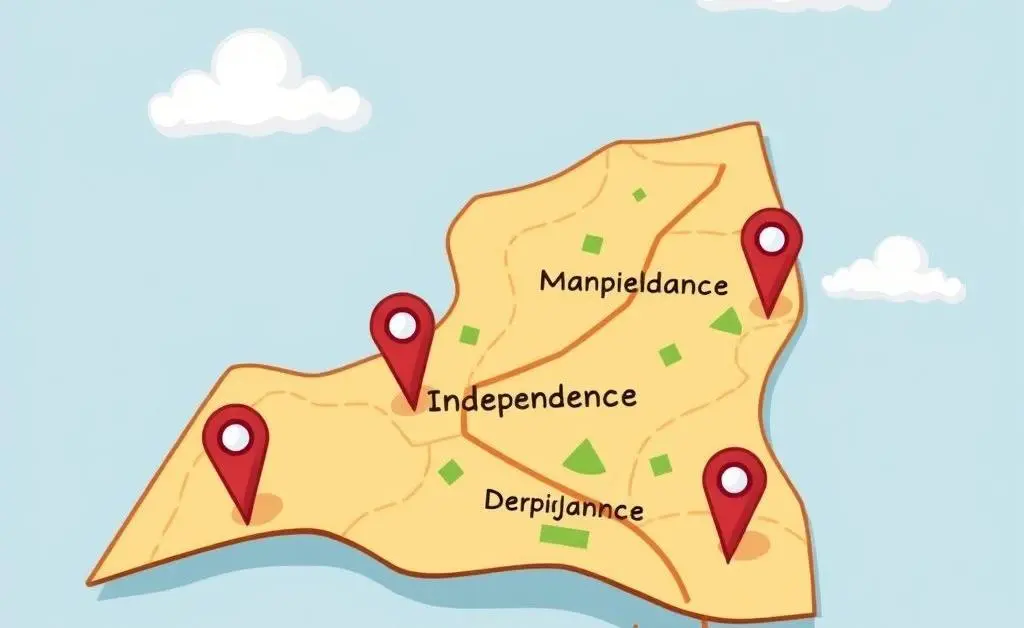 A map with marked goals leading to a financial independence destination.