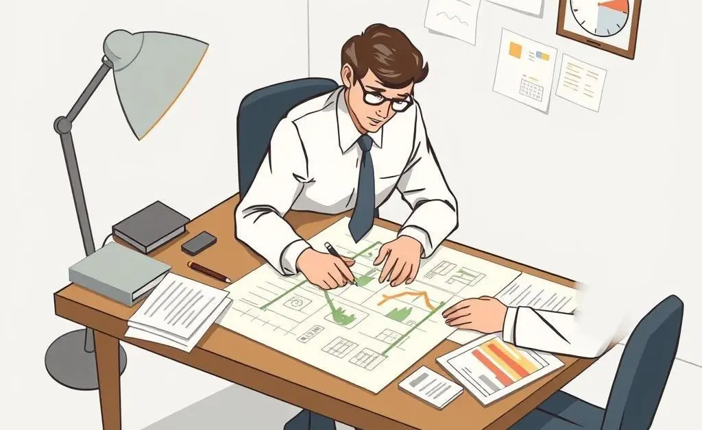 An illustration of an insurance agent mapping out a plan at a desk, with charts and notes spread around.