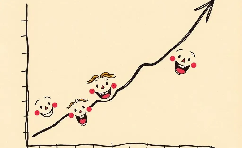 A hand-drawn chart showing market adjustments with smiling and surprised faces