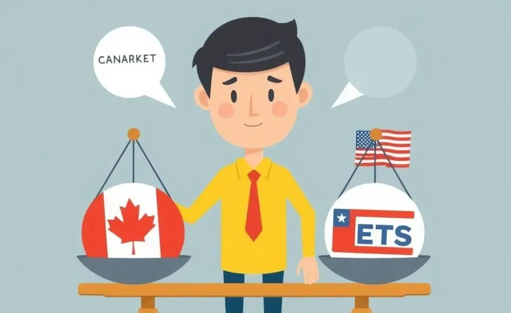 A cartoon-style image of a person weighing market options on a symbolic scale, with icons of Canadian and American ETFs.