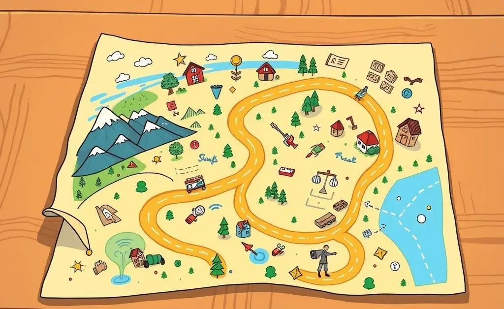 Cartoon-style roadmap on a table, dotted with icons representing different investment strategies.