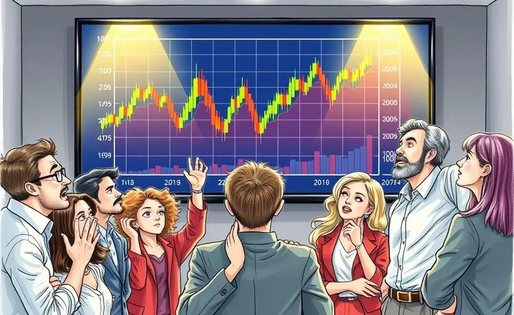 Illustration showing people reacting to a market chart