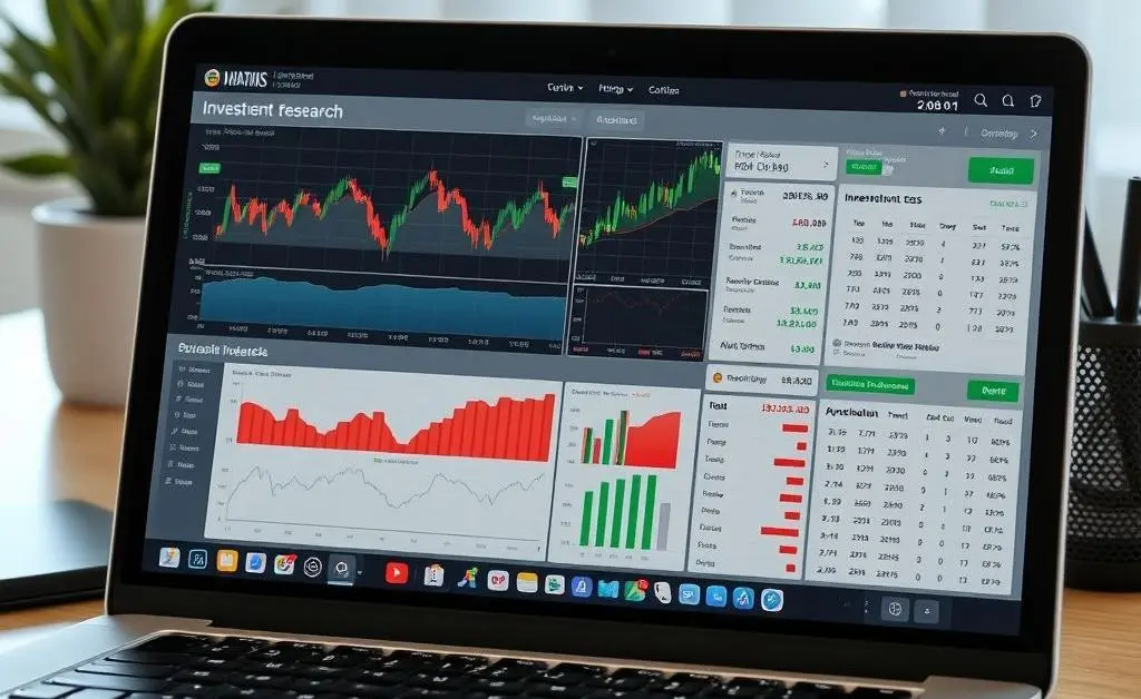 A desk with a laptop showing market trends and investment research