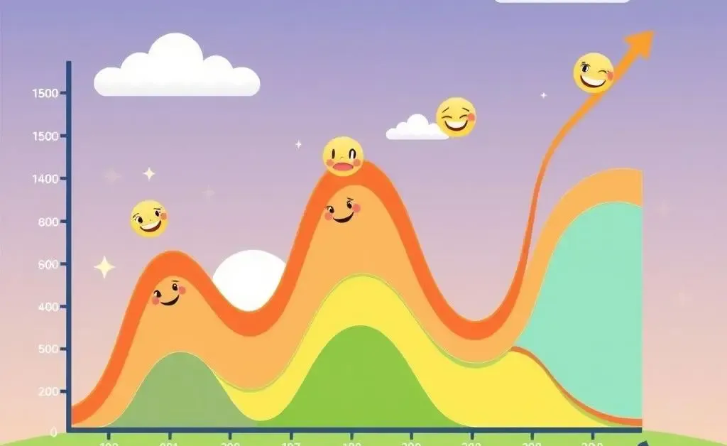 A playful chart displaying swinging up and down market trends with happy and worried faces along the lines.