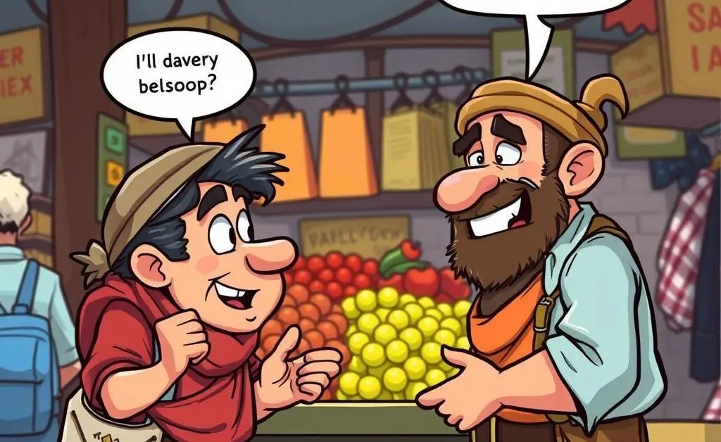 Two traders debating in a cartoon-style market scene