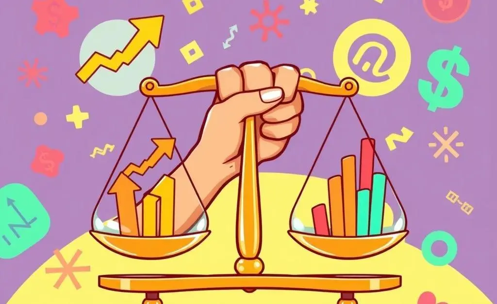 A cartoon hand holding balanced scales with stock market icons on both sides