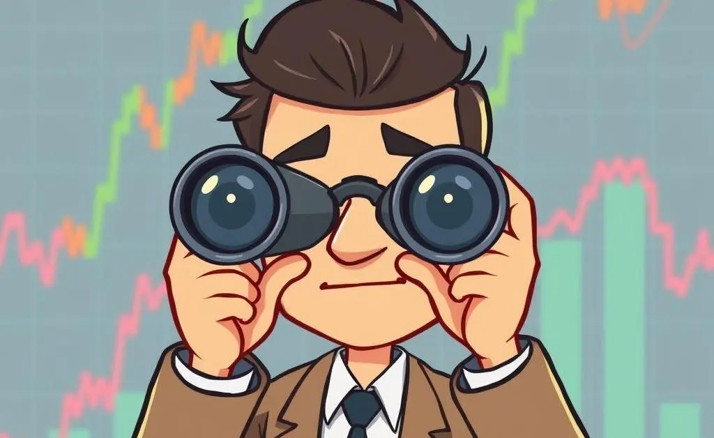 A cartoon-style investor peering through binoculars at a financial market graph