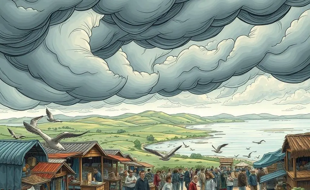 A stormy market with a serene backdrop, symbolizing calmness in chaos.