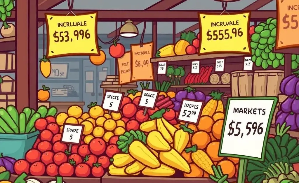 Market with signs showing price increases due to tariffs