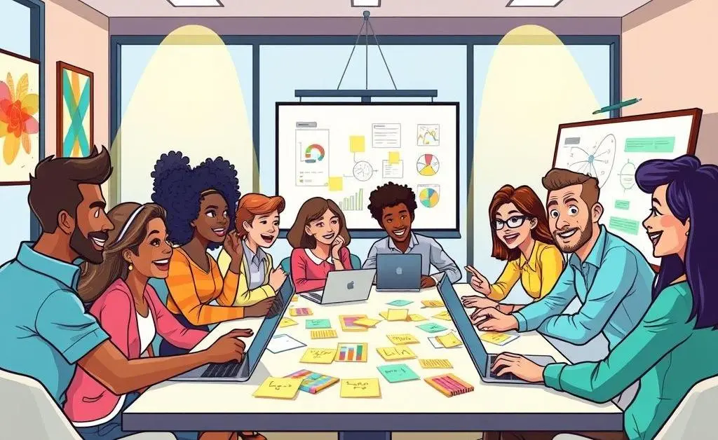 A cartoon-style depiction of a diverse marketing team brainstorming in a meeting room