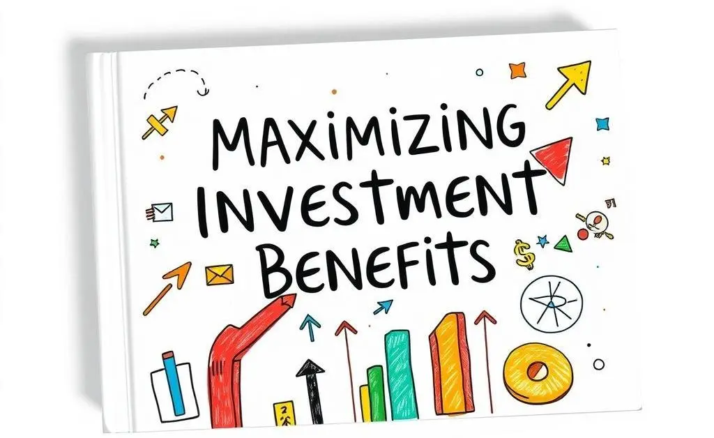 An illustrated guidebook titled 'Maximizing Investment Benefits' with arrows and charts.