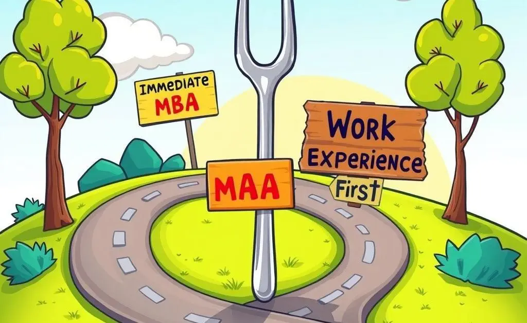 A fork in the road labeled 'Immediate MBA' and 'Work Experience First'