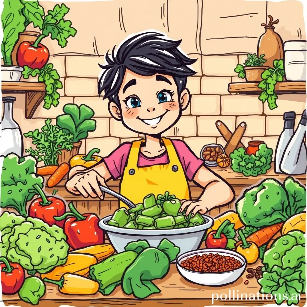 Hand-drawn cartoon of a person meal prepping with vegetables and ingredients.