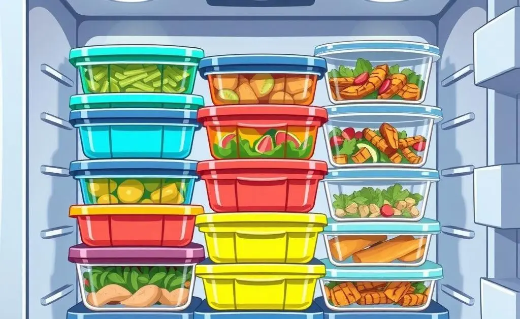 Cartoon-style image of colorful meal prep containers stacked neatly in a fridge.