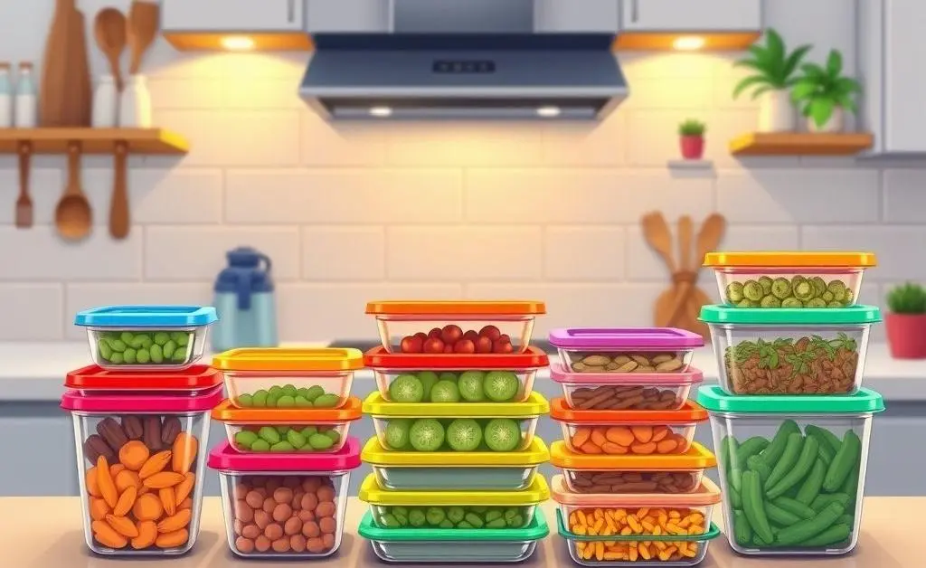 Cartoon image of meal prep containers on a countertop.